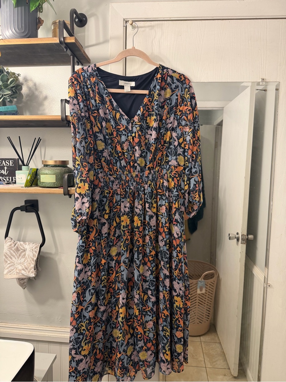 CJ Banks Navy Floral V-Neck Midi Dress with Yellow & Pink Accents